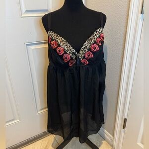 Cacique roses and leopard Black Sheer Babydoll Lingerie Chemise 26/28